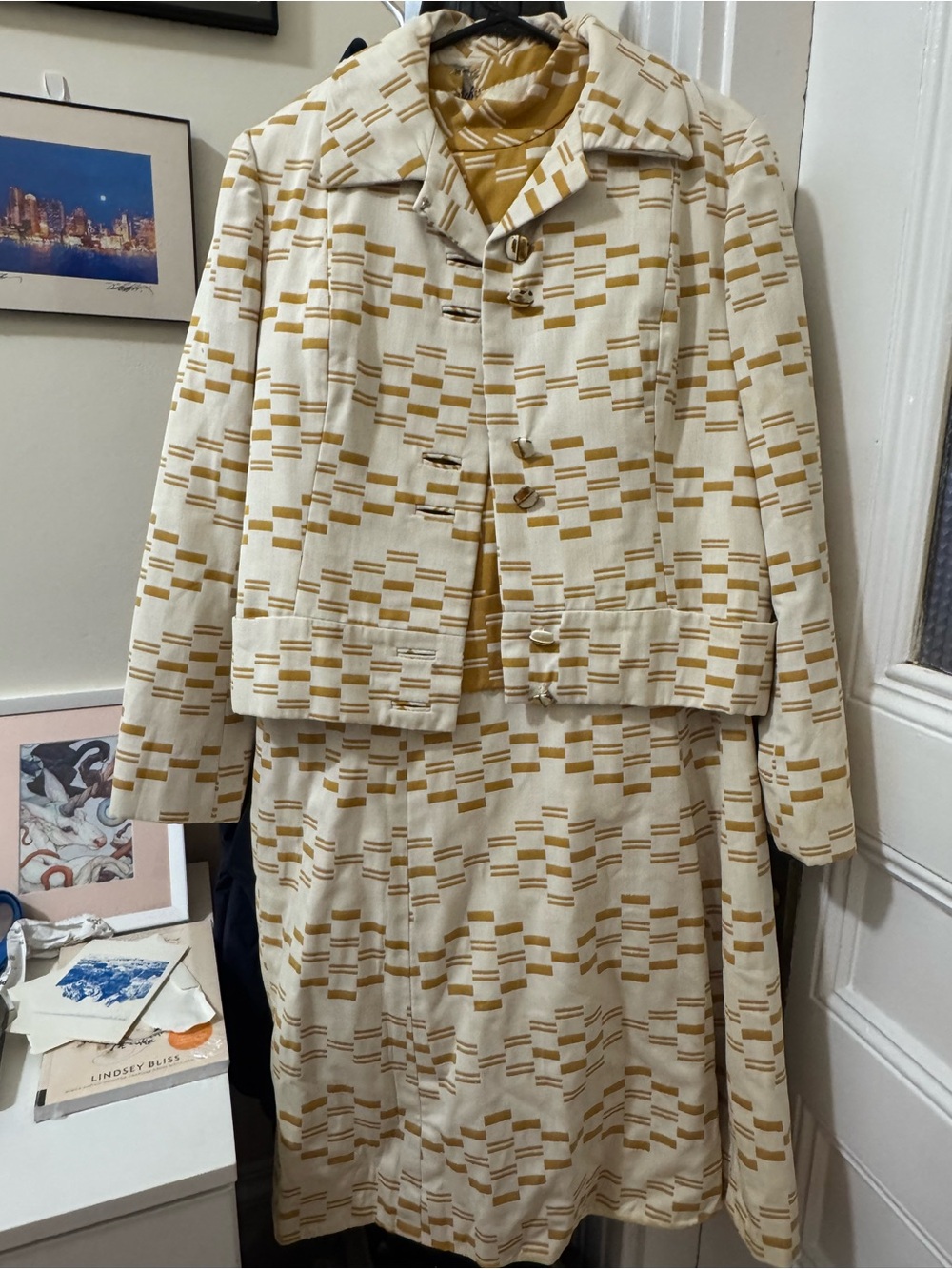Vintage Malcolm Starr Cream and Mustard Geometric Dress and Jacket